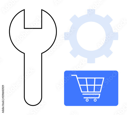 Gear, wrench, and shopping cart visuals symbolizing e-commerce tools, technical support, and system optimization. Ideal for business solutions, development, retail tech, maintenance digital