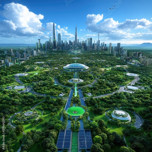 Obraz na płótnie Harmony of Nature and Technology: Serene Forest and Cityscape with Sustainable Elements, Symbolizing Balance and Hope for a Bright Future w salonie