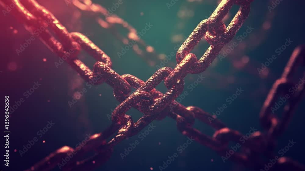 Fondo abstracto con cadenas oxiddadas formando una X, y partículas flotando. 
