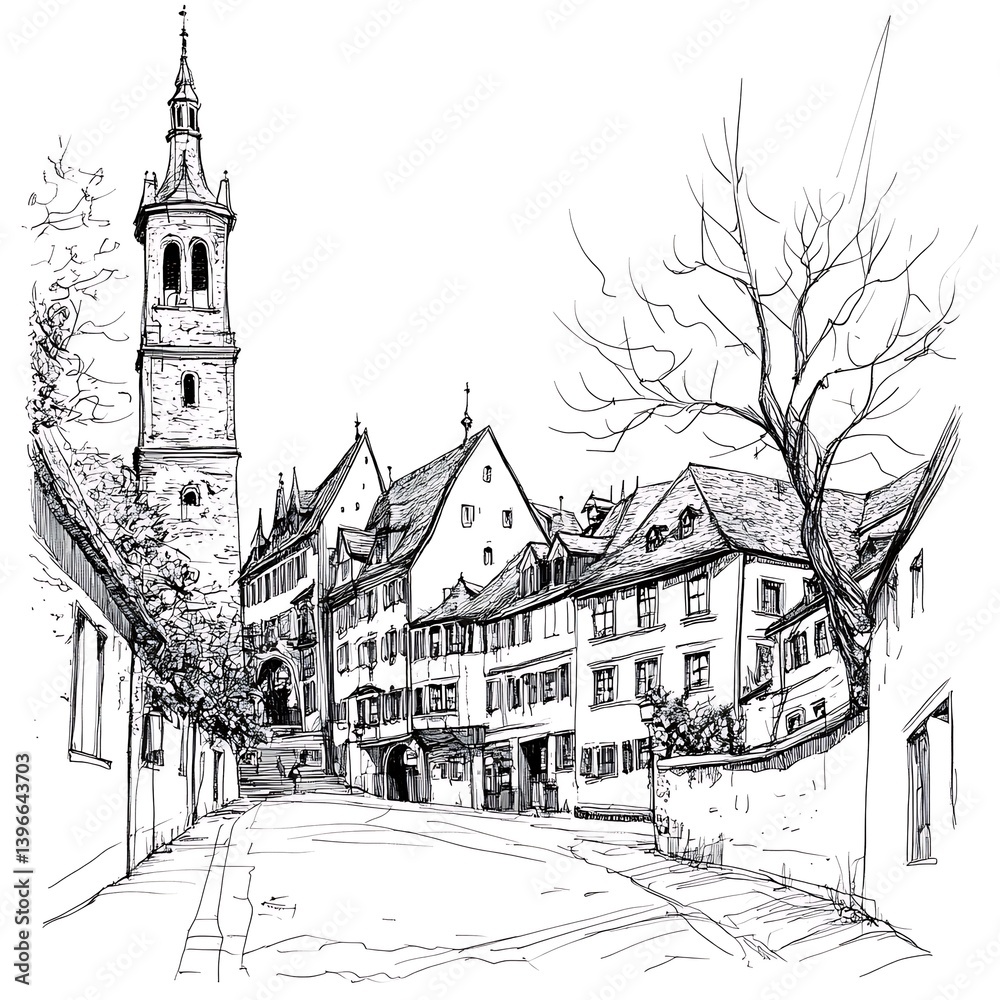 Obraz premium Black and white sketch of a quaint European street with a tall church tower.