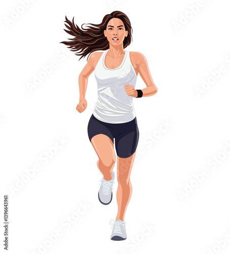 young woman running exercising isolated on white background