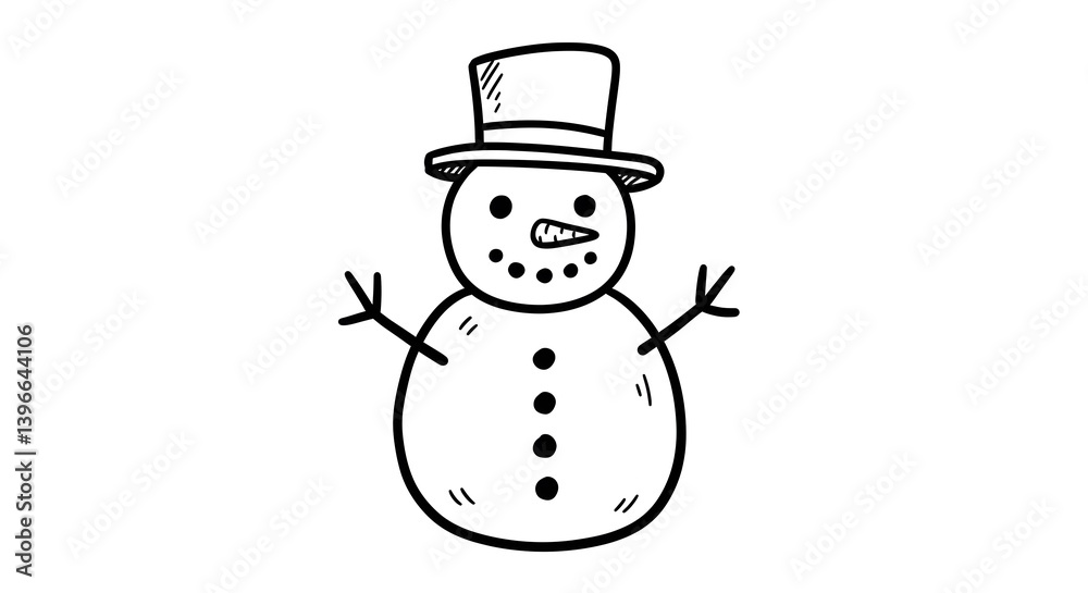 Doodle style illustration of a smiling snowman wearing top hat isolated