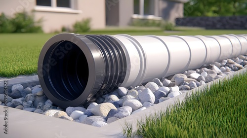 Closeup of Drainage System on Sports Field with Grass and Rocks photo