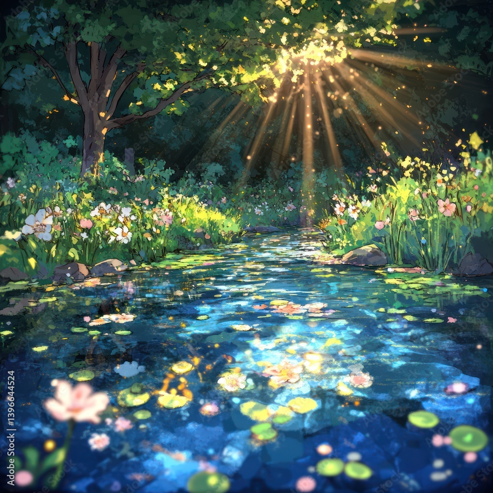 Tranquil Forest Oasis: Majestic tall trees, lush greenery, babbling brook, and warm golden light evoke a sense of peace, serenity, and oneness with nature