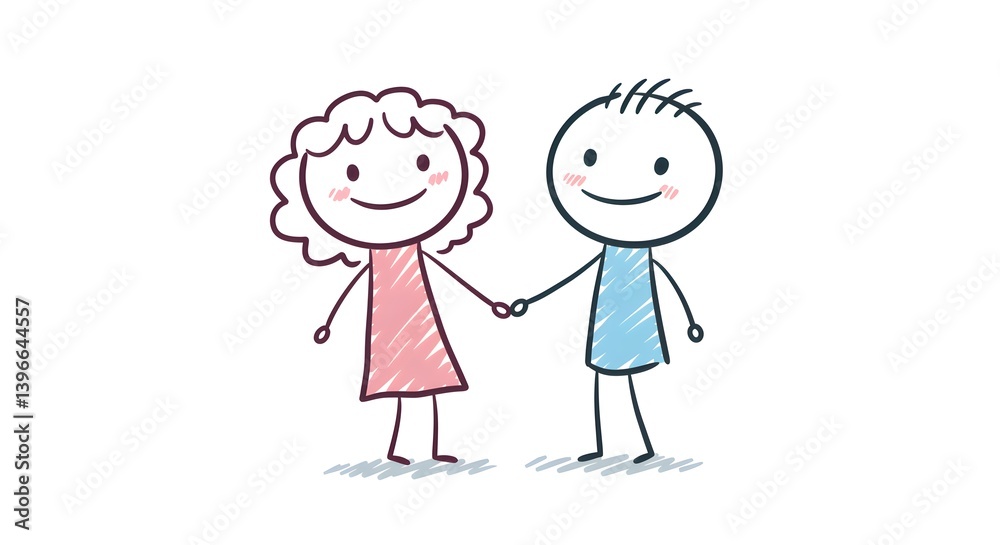 Doodle drawing of cheerful stick figures holding hands, symbolizing affection Doodle drawing of cheerful stick figures holding hands, symbolizing affection