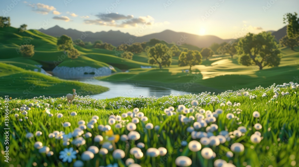 Tranquil rural landscape with rolling hills, lush green grass, trees, wildflowers, setting sun, babbling stream, and wildlife evoking feelings of relaxation and escape from city life