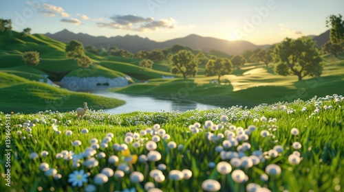 Obraz na płótnie Tranquil rural landscape with rolling hills, lush green grass, trees, wildflowers, setting sun, babbling stream, and wildlife evoking feelings of relaxation and escape from city life w salonie