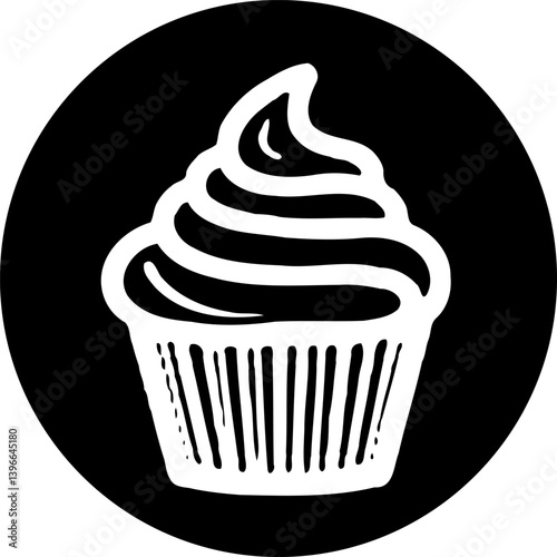 Minimalist cupcake icon on a black circle background evoking simple sweetness