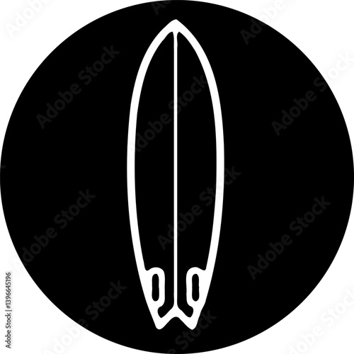 Minimalist surfboard design in a bold, black circle capturing ocean freedom and summer adventure