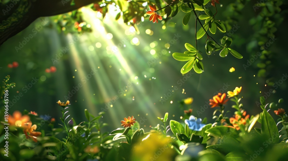 Enchanted Forest: A Celebration of Nature's Growth and Abundance - Sunlit Trees, Blooming Flowers, and Thriving Wildlife in Lush Foliage