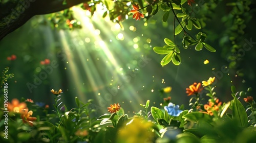 Obraz na płótnie Enchanted Forest: A Celebration of Nature's Growth and Abundance - Sunlit Trees, Blooming Flowers, and Thriving Wildlife in Lush Foliage w salonie