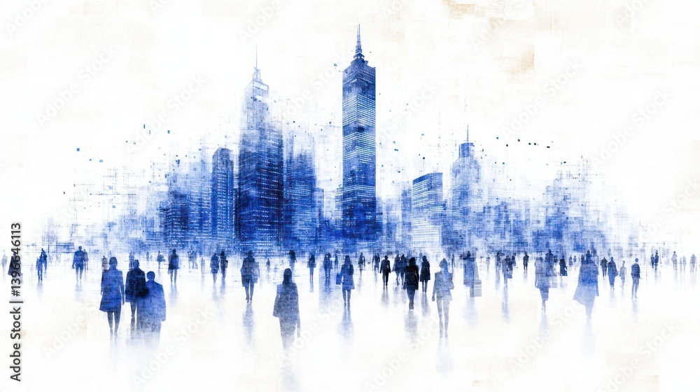 Thriving Business: Modern Cityscape with Skyscrapers and Professionals, Financial Imagery and Cool Blues Conveying Innovation and Growth