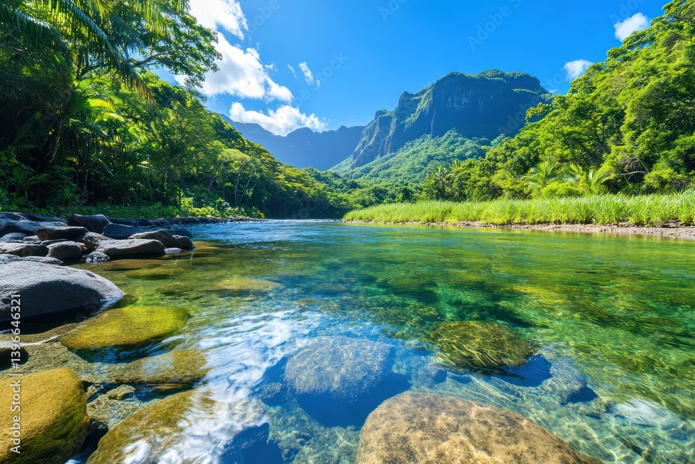 Tranquil Oasis: Secluded River in Lush Forest with Cascading Waterfall and Sunlight Filtering Through Trees, Inviting Viewers to Appreciate Nature's Beauty and Find Peace in the Serenity