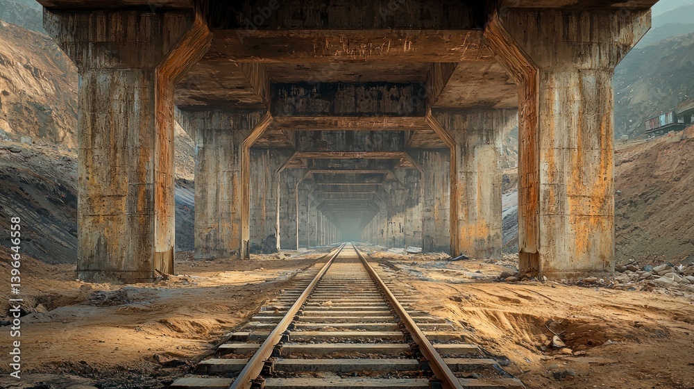 Abstract View of Weathered Railway Infrastructure Under a Bridge with Rustic Texture and Serene Atmosphere Abstract View of Weathered Railway Infrastructure Under a Bridge with Rustic Texture and Serene Atmosphere