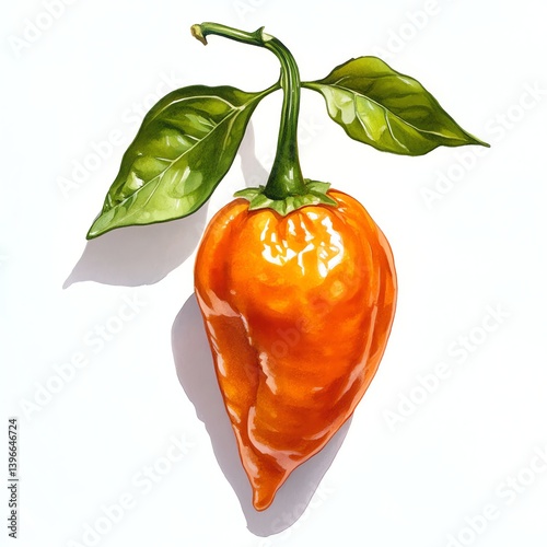 Painting of Fresh Orange Habanero Pepper with Green Stem and Leaves