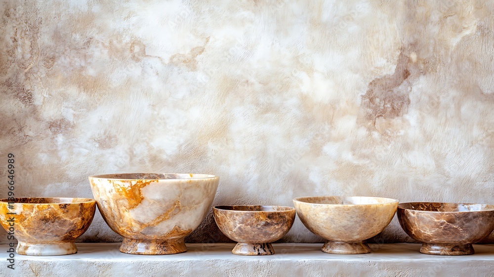 Carved onyx bowls on marble shelf, display of artisanal crafts, interior setting Carved onyx bowls on marble shelf, display of artisanal crafts, interior setting
