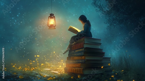 A girl reading a book under the light of a lantern in a magical forest