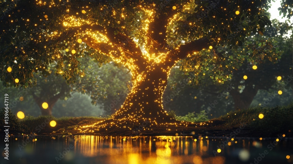 Naklejka premium Luminous golden tree reflected in still water, surrounded by glowing orbs and lush greenery. A magical, ethereal forest scene