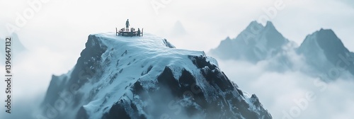 Snowy mountain peaks with a structure on top surrounded by fog or clouds.