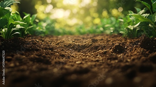 Rich soil path, sunlit garden, plants, growth