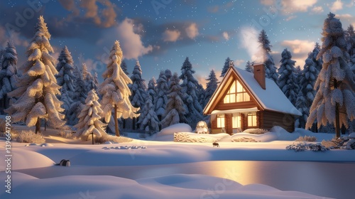 Winter Wonderland: Cozy Cabin in Snowy Woods with Moonlit Trees and Peaceful Wildlife