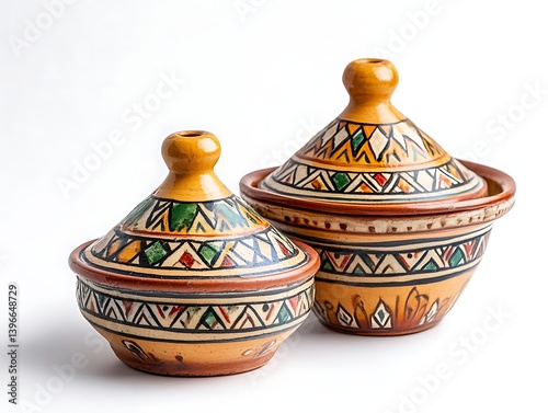 Two traditional Moroccan tagines on white background; kitchenware; colorful ceramic; still life; possible use in cookbook, tourism, or food blog photo