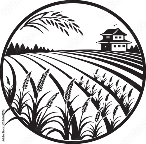 paddy field village scenery vector art illustrator