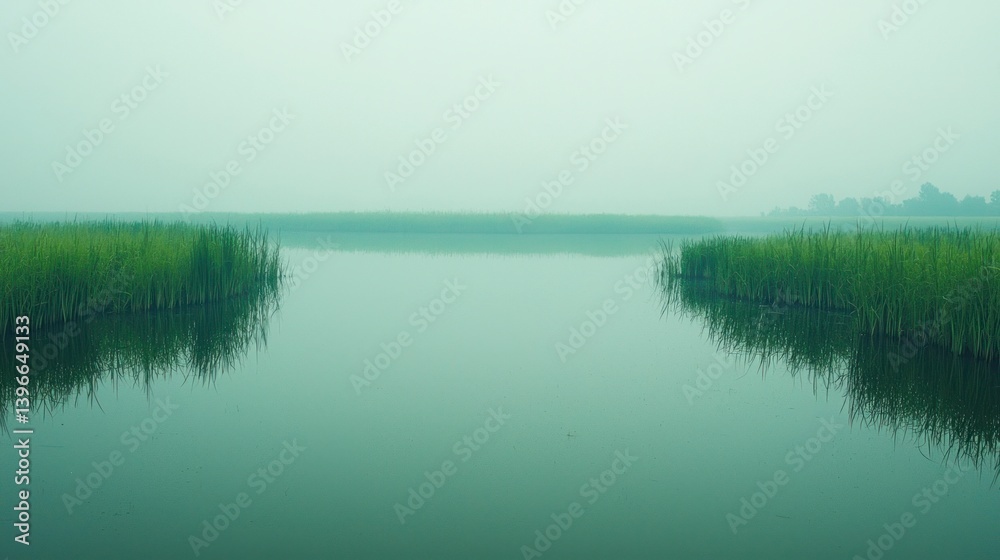 Obraz premium Serene Minimalist Landscape with Calm Water and Lush Green Grass in Foggy Environment