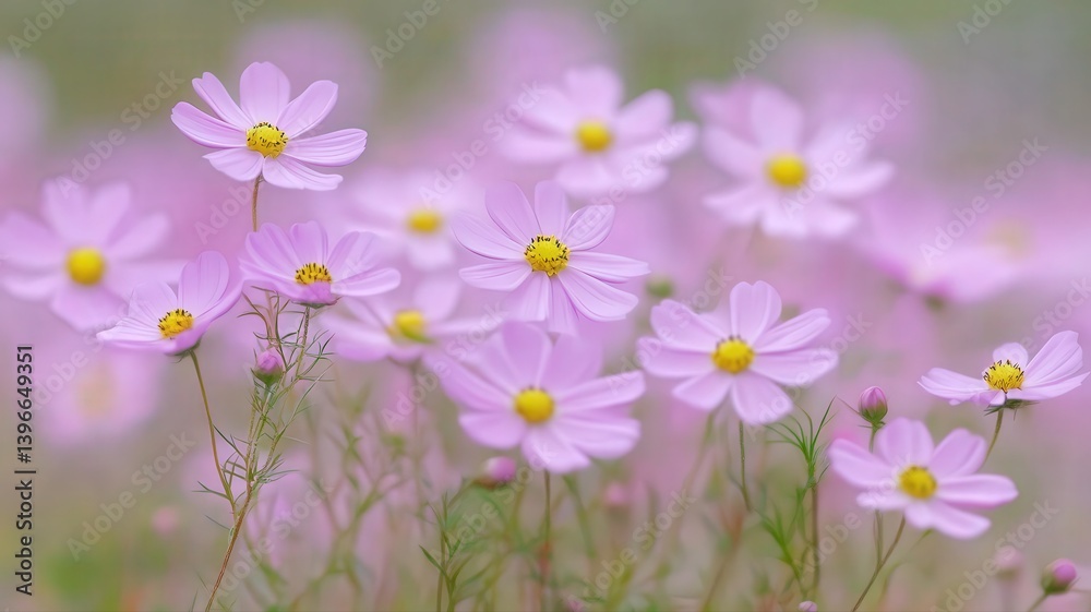 Dreamy Pink Cosmos Flowers with Yellow Centers in Soft Focus with Blurred Floral Background and Delicate Petals Dreamy Pink Cosmos Flowers with Yellow Centers in Soft Focus with Blurred Floral Background and Delicate Petals