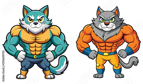 Two muscular cartoon cats superhero mascots