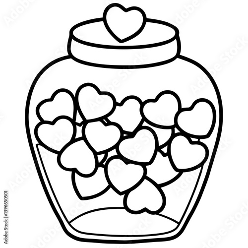 Candy jar with heart-shaped candies line art vector