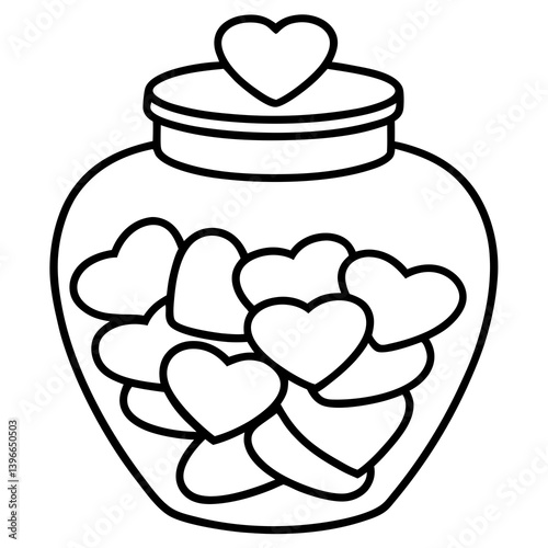 Candy jar with heart-shaped candies line art vector