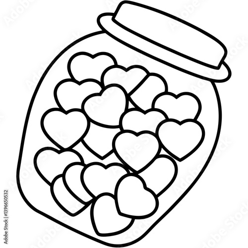 Candy jar with heart-shaped candies line art vector