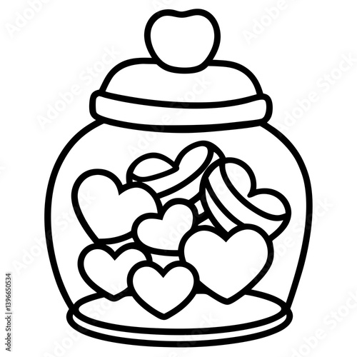Candy jar with heart-shaped candies line art vector