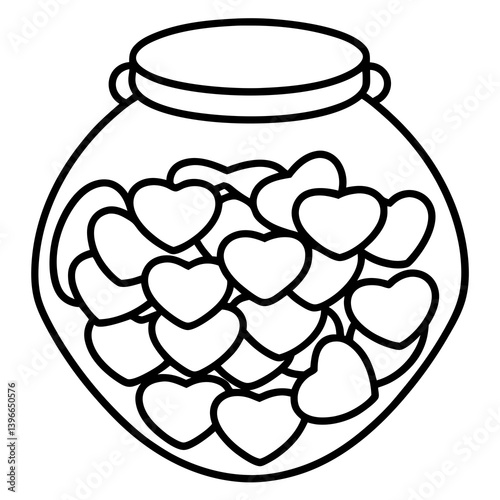 Candy jar with heart-shaped candies line art vector