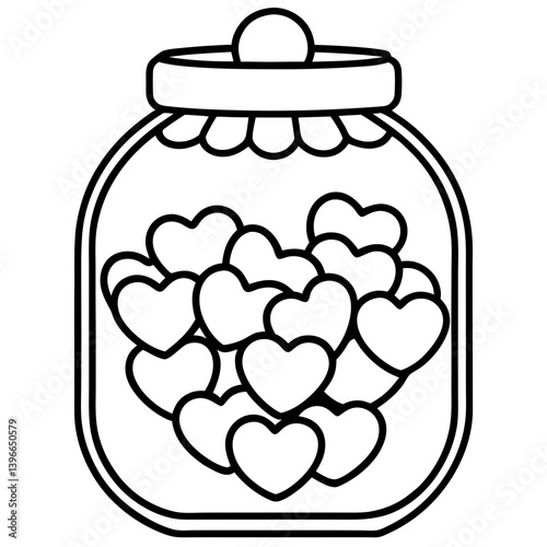 Candy jar with heart-shaped candies line art vector