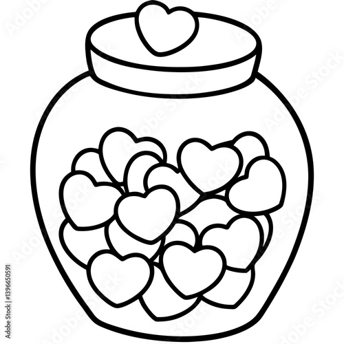 Candy jar with heart-shaped candies line art vector