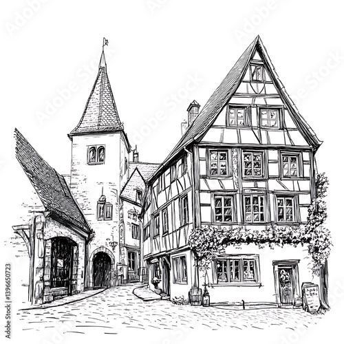 Black and white sketch of a medieval European town with half-timbered houses and a tower.