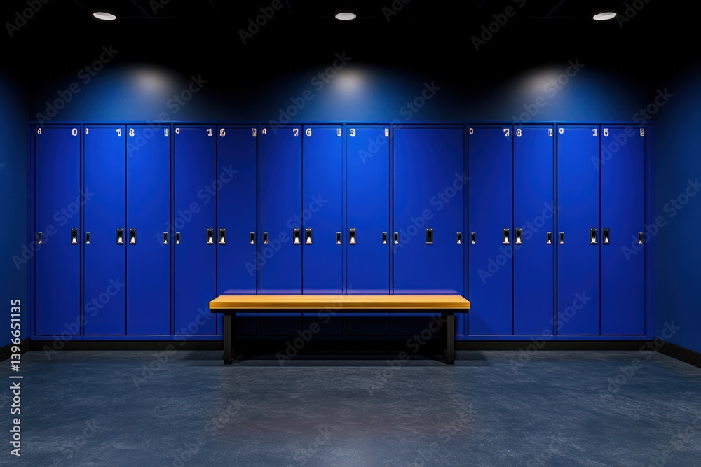 Blue Metal Storage Lockers and Wooden Bench in Locker Area with Doors in Various States of Open and Closed