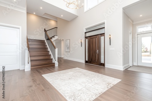 Obraz na płótnie Inviting Entry Foyer with Bright White Walls, Light Hardwood Flooring, Dark Walnut Front Door, and Coat Rack Hooks for a Welcoming Interior w salonie