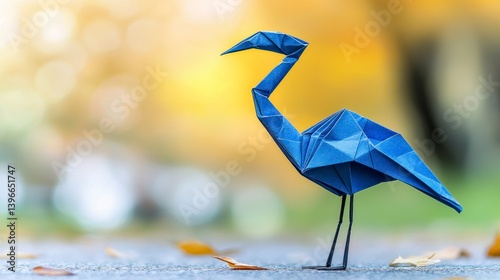 Realistic Blue Origami Crane Bird on a blurred autumn background, perfect for home decor and photography enthusiasts