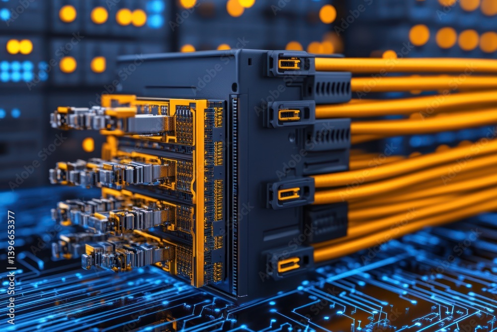 Close-up view of network cables with fiber optic background, showcasing essential data center infrastructure