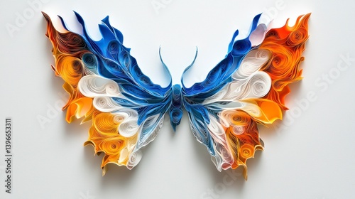 Exquisite Quilling Art of a Colorful Butterfly with Realistic Details in Blue, Orange, and White for Artistic Projects