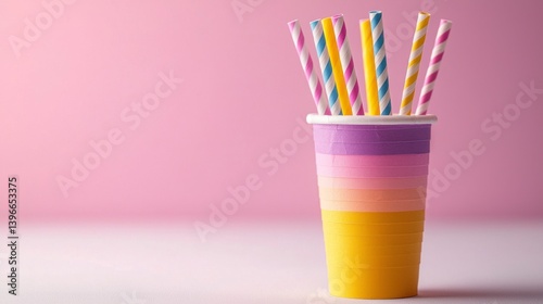 Colorful Cup with Straws on a Soft Pink Background for Creative Craft Ideas and Realistic Photography Projects