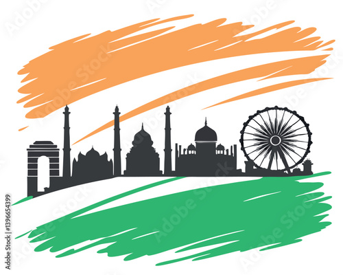 India Republic Day Skyline: Silhouette of Landmarks with National Flag Colors.