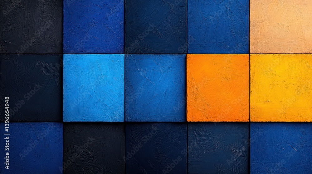 Abstract Rough Colorful Blue Orange Art Painting Texture with Oil Brushstroke and Square Geometric Print