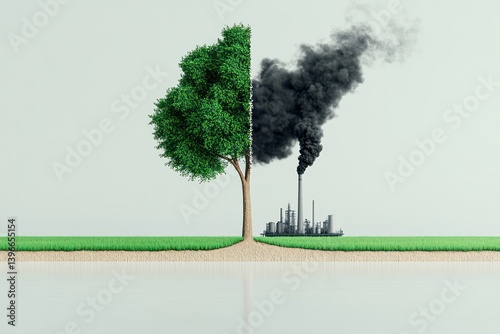 Contrasting Nature and Industry: Green Tree and Meadow vs Polluting Factory, Climate Change Illustration