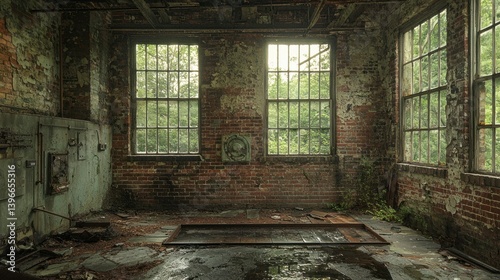 Abandoned Industrial Space with Reclaimed Elements and Natural Light Filtering Through Grimy Windows