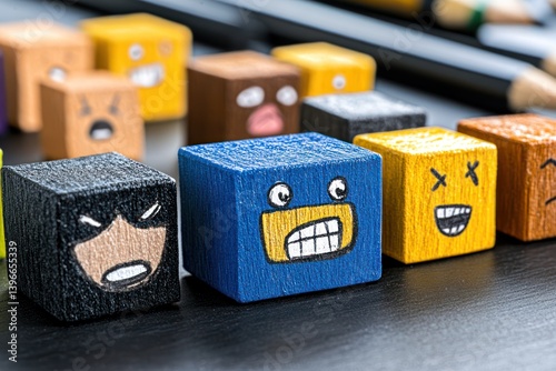 Colorful Emotion Cubes on Wooden Background