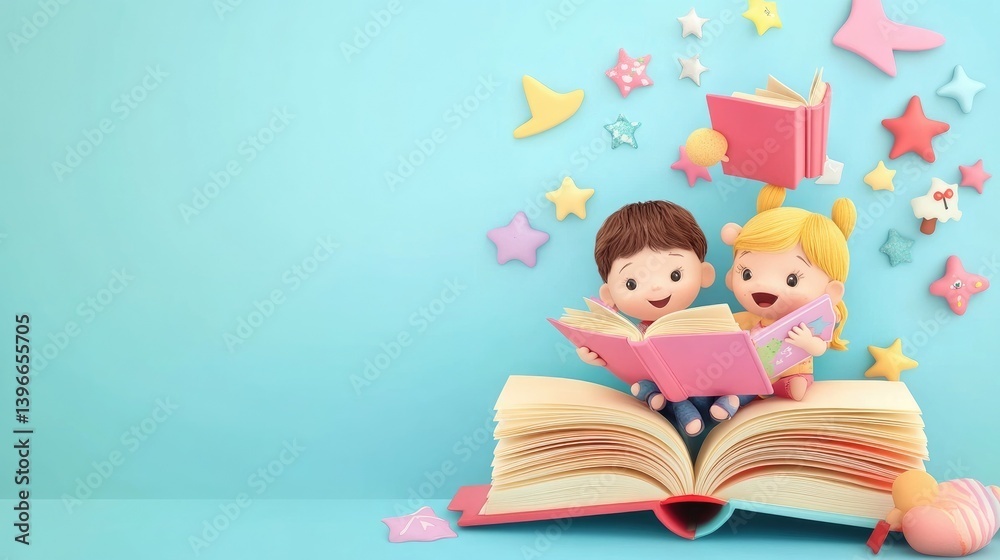 Children Reading Books Together on a Large Book with Stars Around Children Reading Books Together on a Large Book with Stars Around
